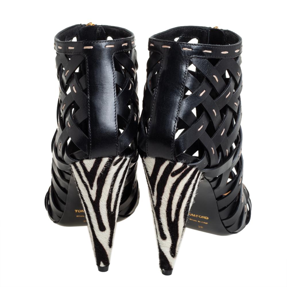Tom Ford Black Leather and Pony Hair Zebra Heel Woven Cage Ankle Booties Size 38 In New Condition In Dubai, Al Qouz 2