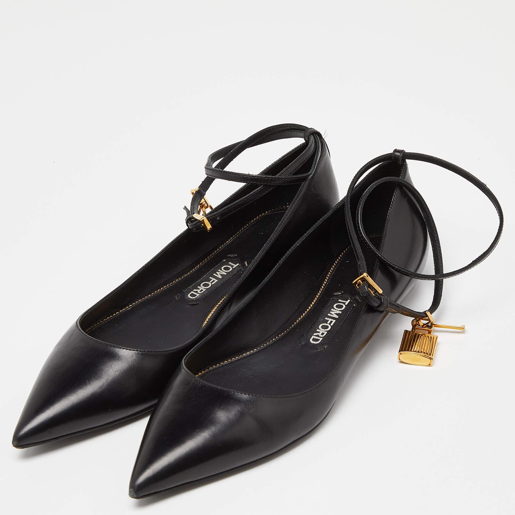 Women's Tom Ford Black Leather Ankle Lock Ballet Flats Size 39.5