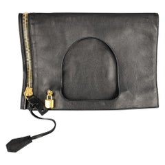 TOM FORD Black Leather AXIS Gold Padlock Fold Over Clutch Shoulder Bag