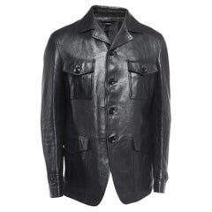 Tom Ford Black Leather Button Front Military Jacket XXL