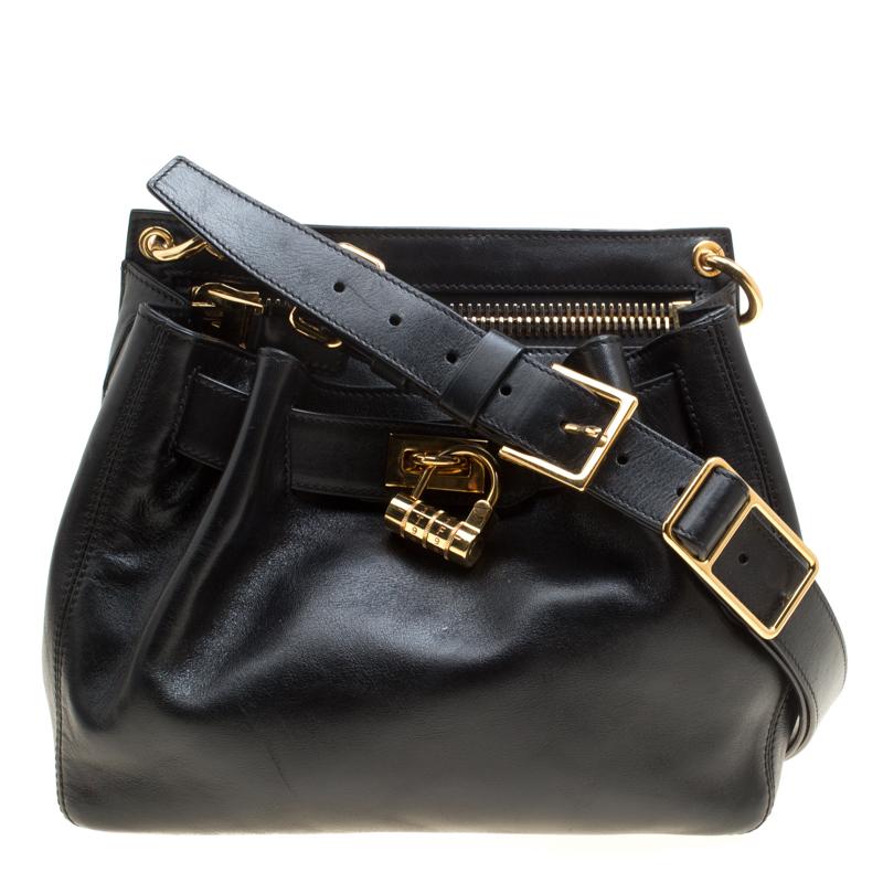 Tom Ford Black Leather Front Lock Cross Body Bag