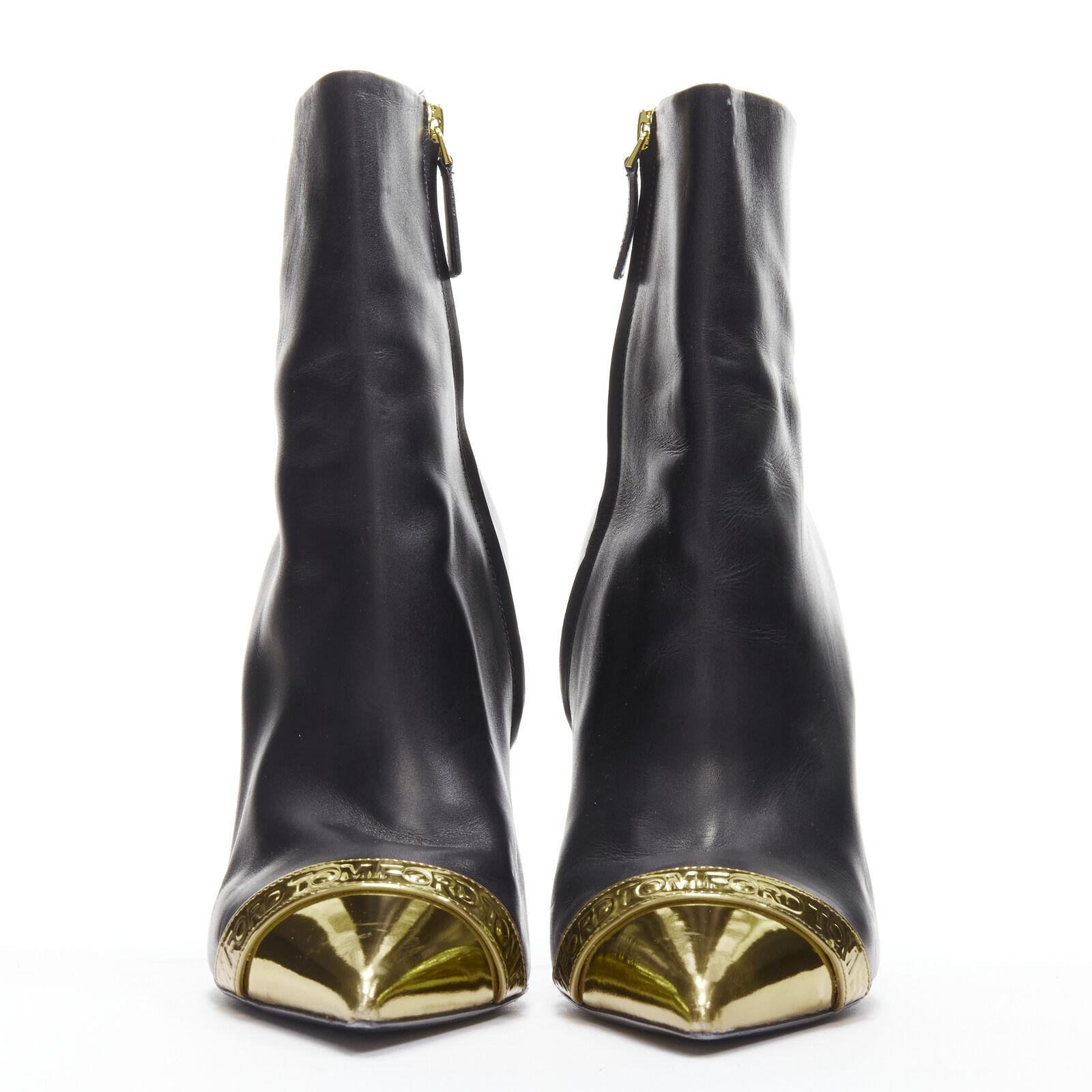 Black TOM FORD black leather gold toe cap logo stiletto heel ankle boots EU39 For Sale