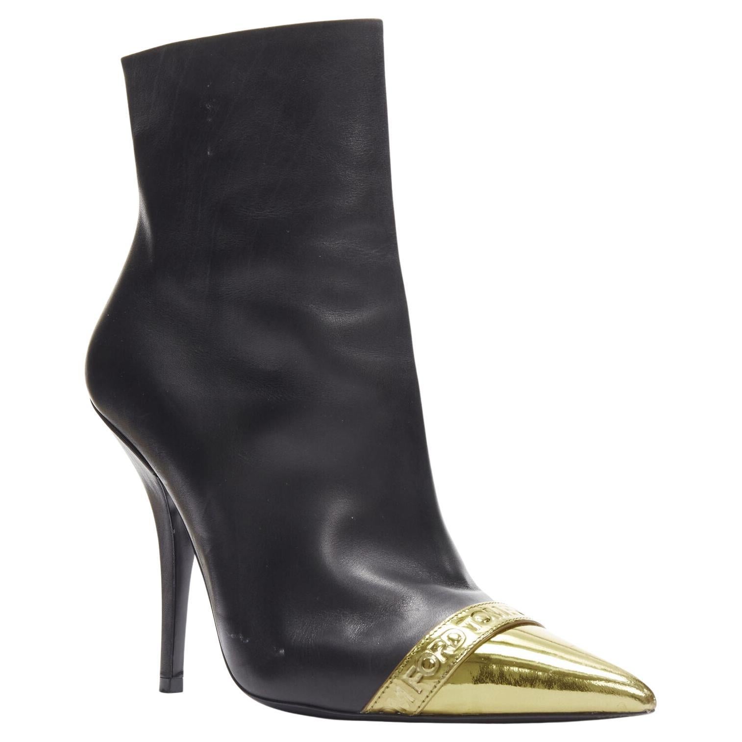 TOM FORD black leather gold toe cap logo stiletto heel ankle boots EU39 For Sale