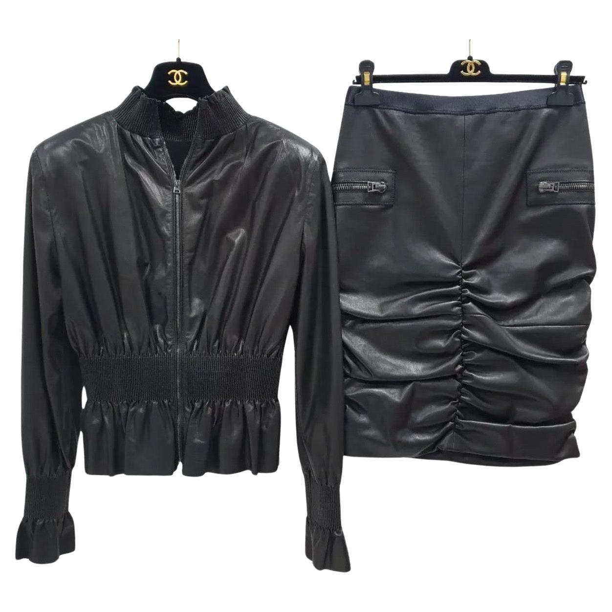 Tom Ford Black Leather Jacket Skirt Suit For Sale