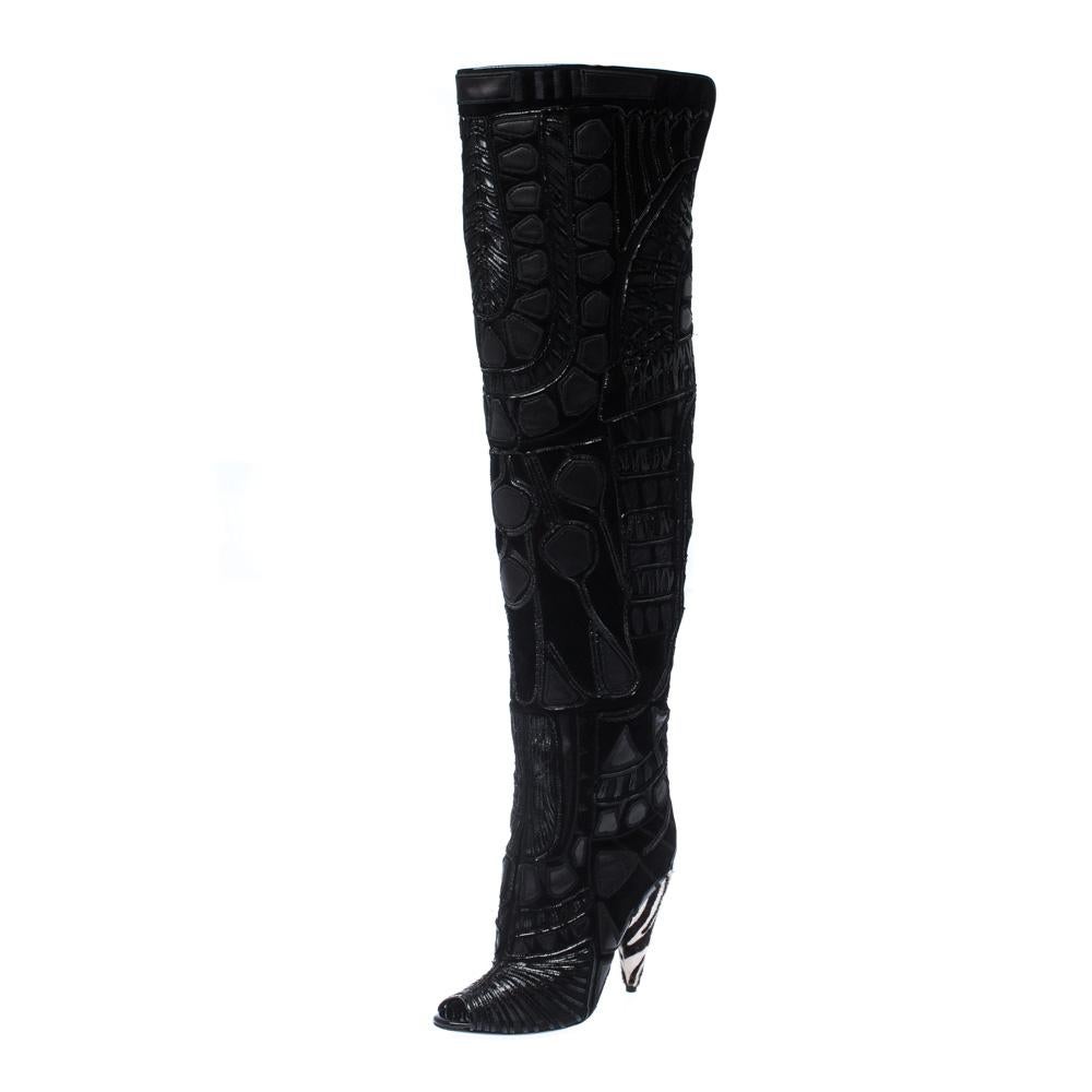 Tom Ford Black Leather/Lace Peep Toe Over The Knee Boots Size 37.5 In Good Condition In Dubai, Al Qouz 2