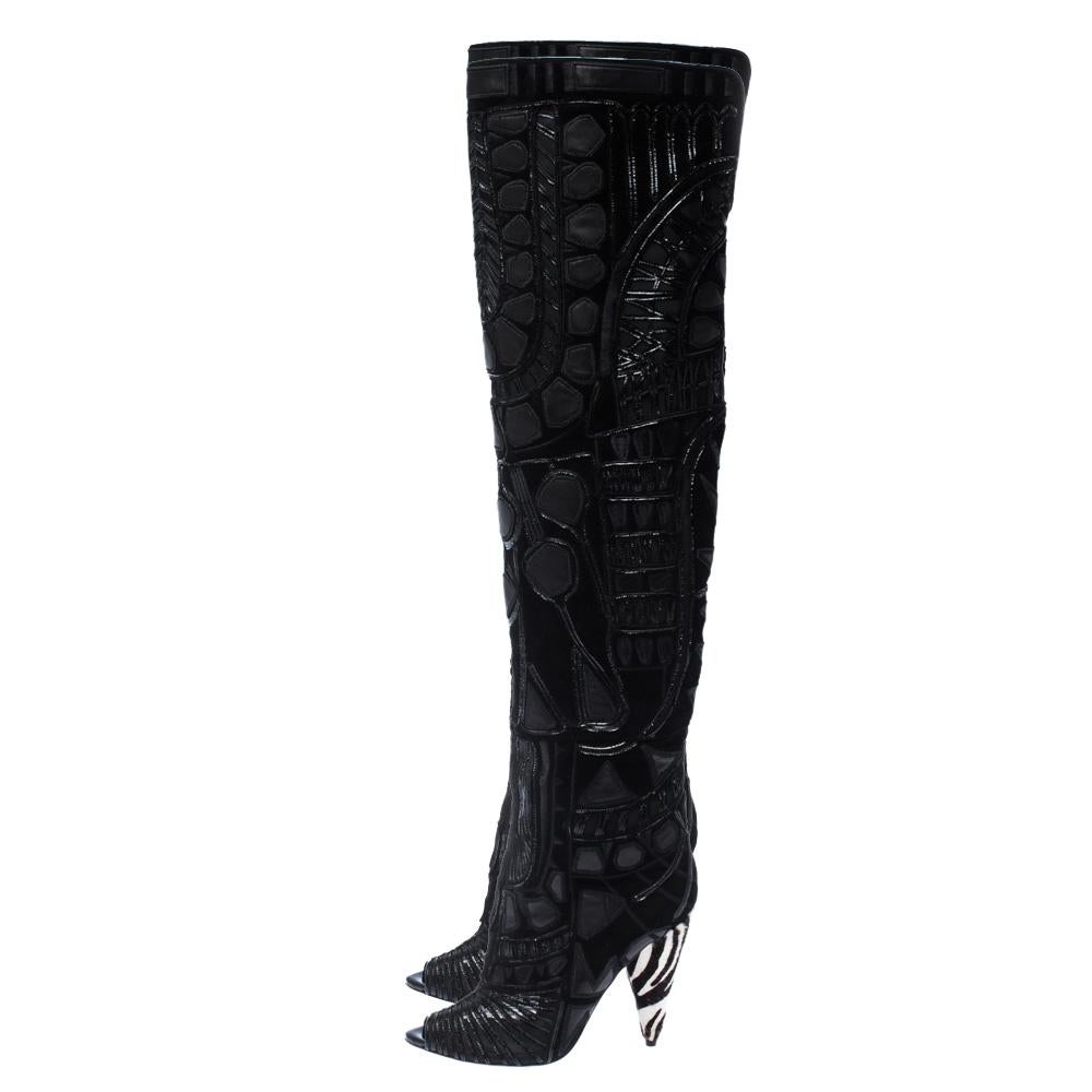 Tom Ford Black Leather/Lace Peep Toe Over The Knee Boots Size 37.5 1