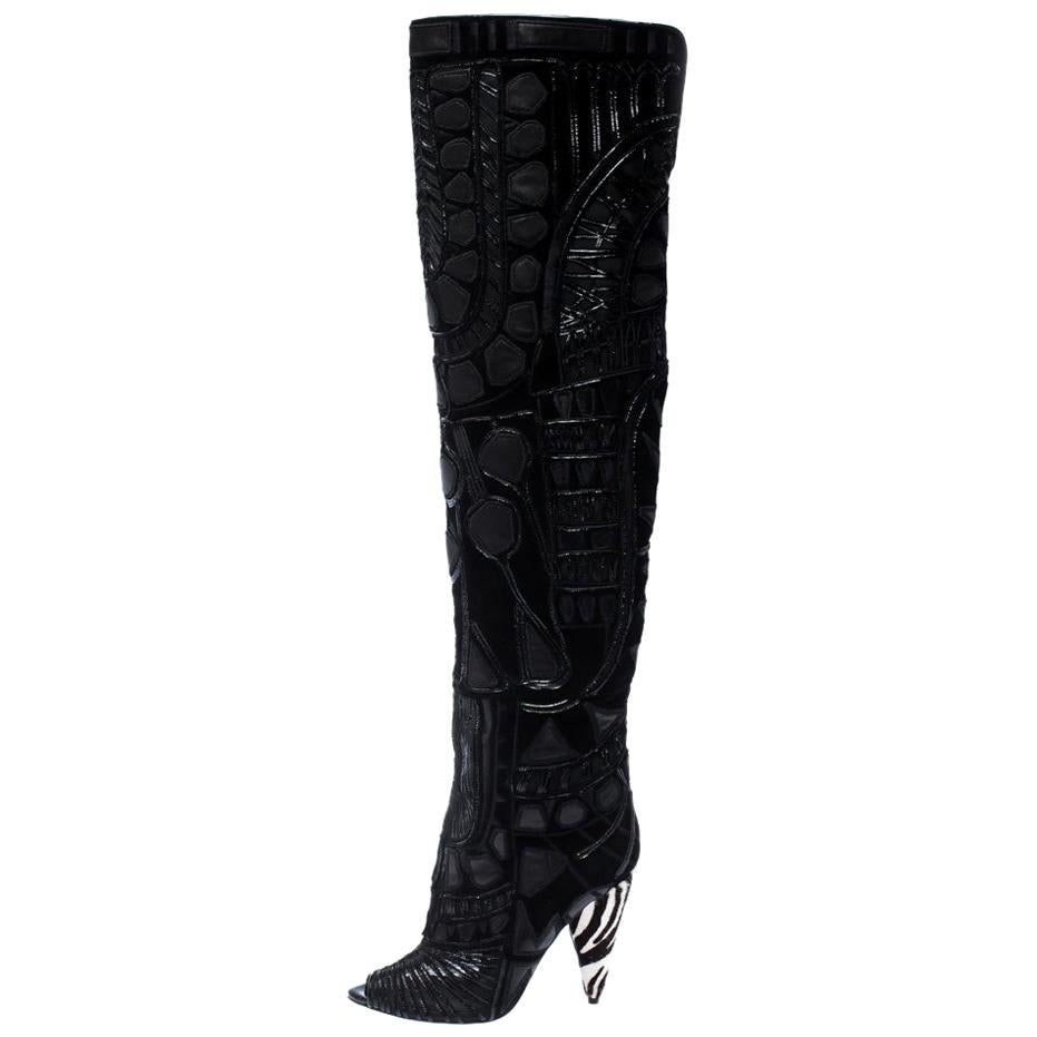 Tom Ford Black Leather/Lace Peep Toe Over The Knee Boots Size 37.5
