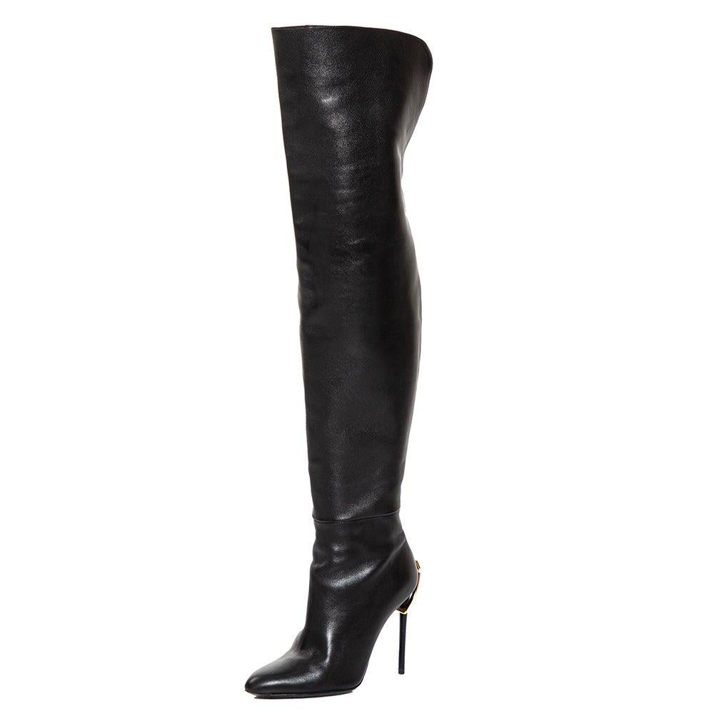 Tom Ford Black Leather Over the Knee Zipper Embellished Heel Boots
