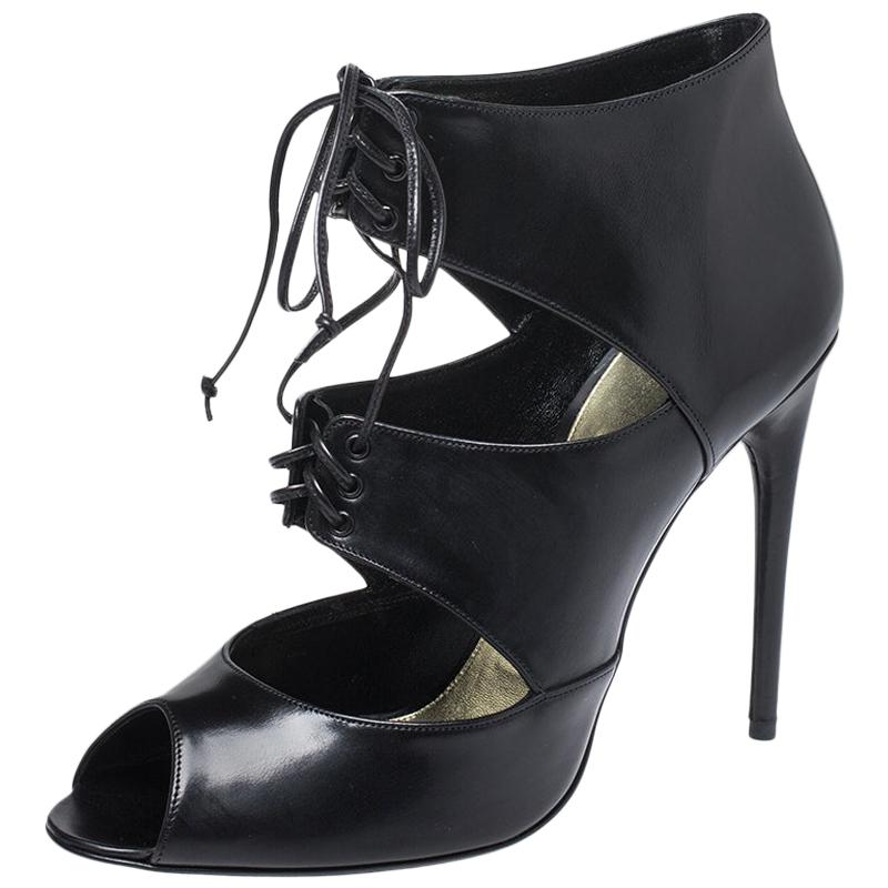 Tom Ford Black Leather Peep Toe Ankle Booties Size 39