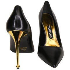 Tom Ford Black Leather Pumps With Gold Stiletto Heels 