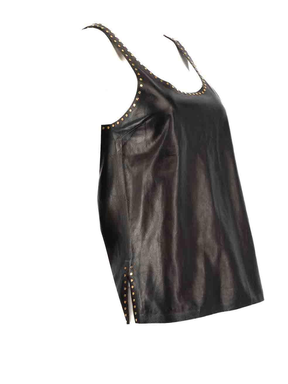 CONDITION is Very good. Minimal wear to top is evident. Minimal wear to the neckline with a faint mark on this used Tom Ford designer resale item.
 
 Details
 Black
 Leather
 Tank top
 Sleeveless
 Scoop neckline
 Studded accent
 Side slits
 
 
 Made