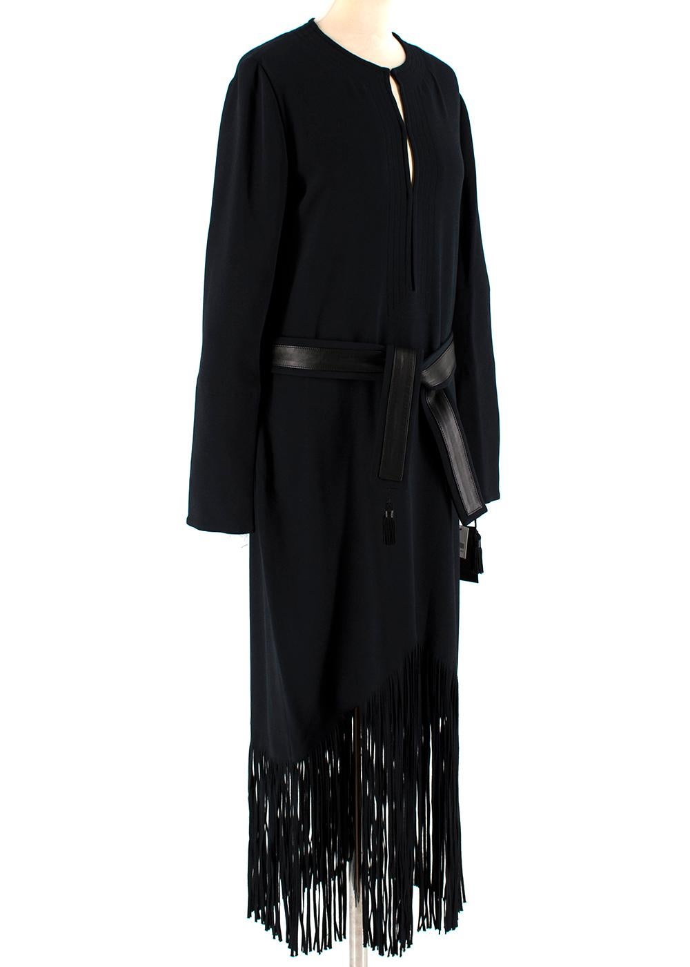 Tom Ford Black Long Fringed Dress with Leather Belt 

- Black stretch-cady
- Concealed hook fastenings along front, hook and zip fastening at back
- Loose fit, however use the tie belt to cinch in at the waist
- Mid-weight stretchy fabric
- Fringing