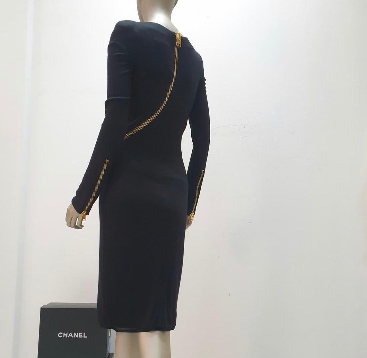 Tom Ford Black Long Sleeve Zip Mini Dress In Good Condition In Krakow, PL