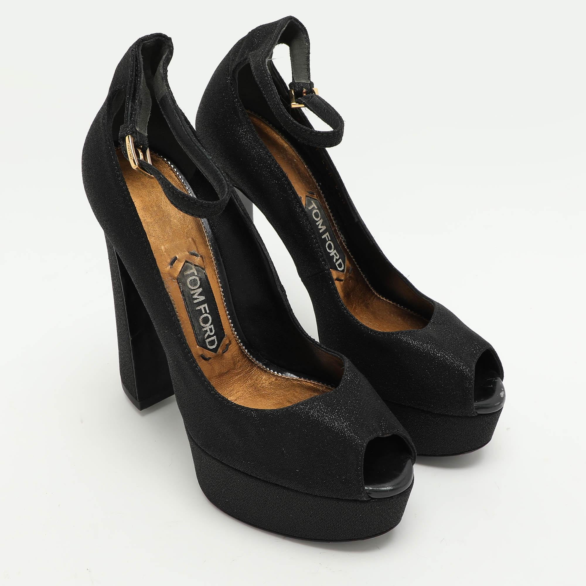 Women's Tom Ford Black Lurex Fabric Platform Ankle Strap Pumps Size 37.5