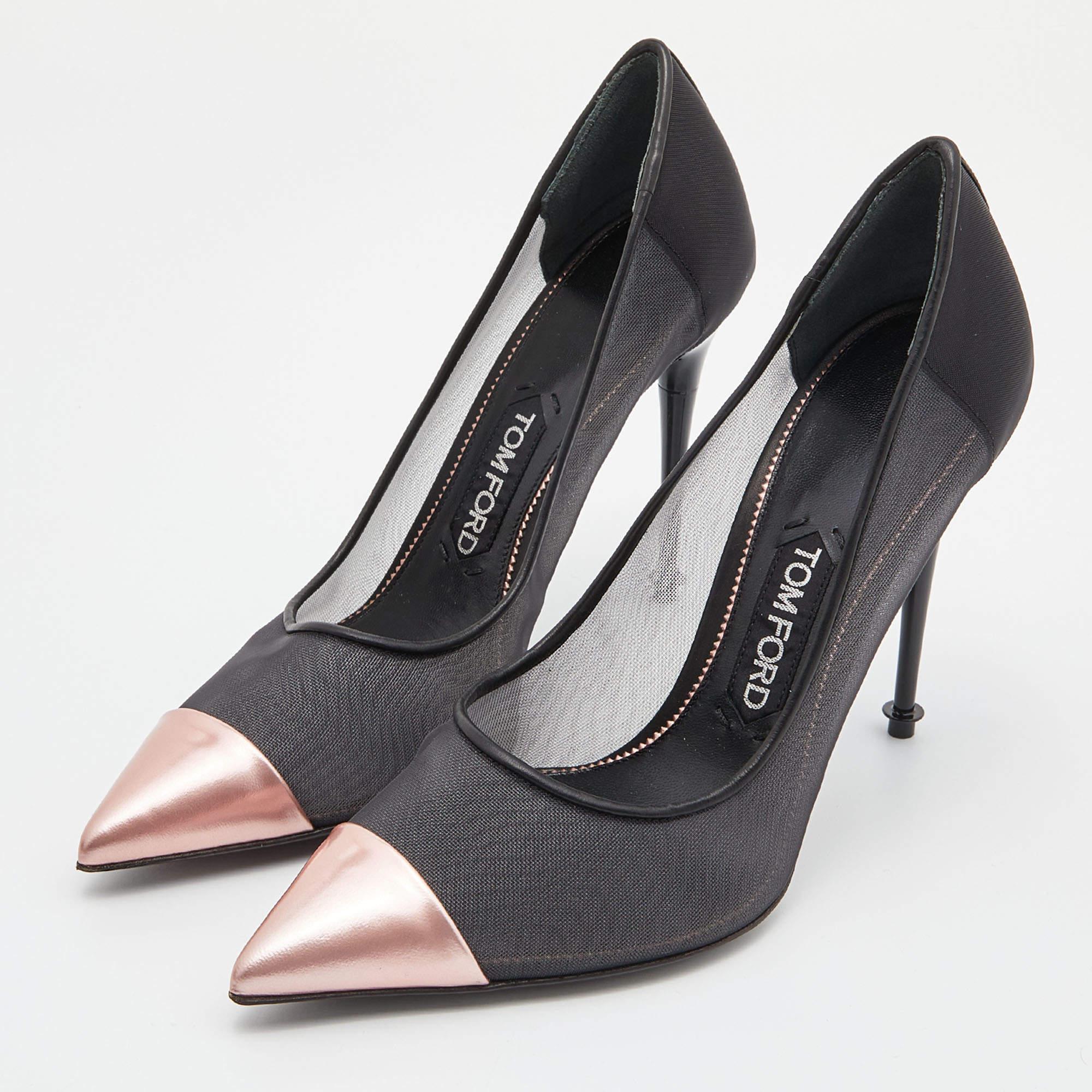 Tom Ford Black/Metallic Rose Pink Mesh and Leather Cap Pointed Toe Pumps Size 38 In Excellent Condition In Dubai, Al Qouz 2