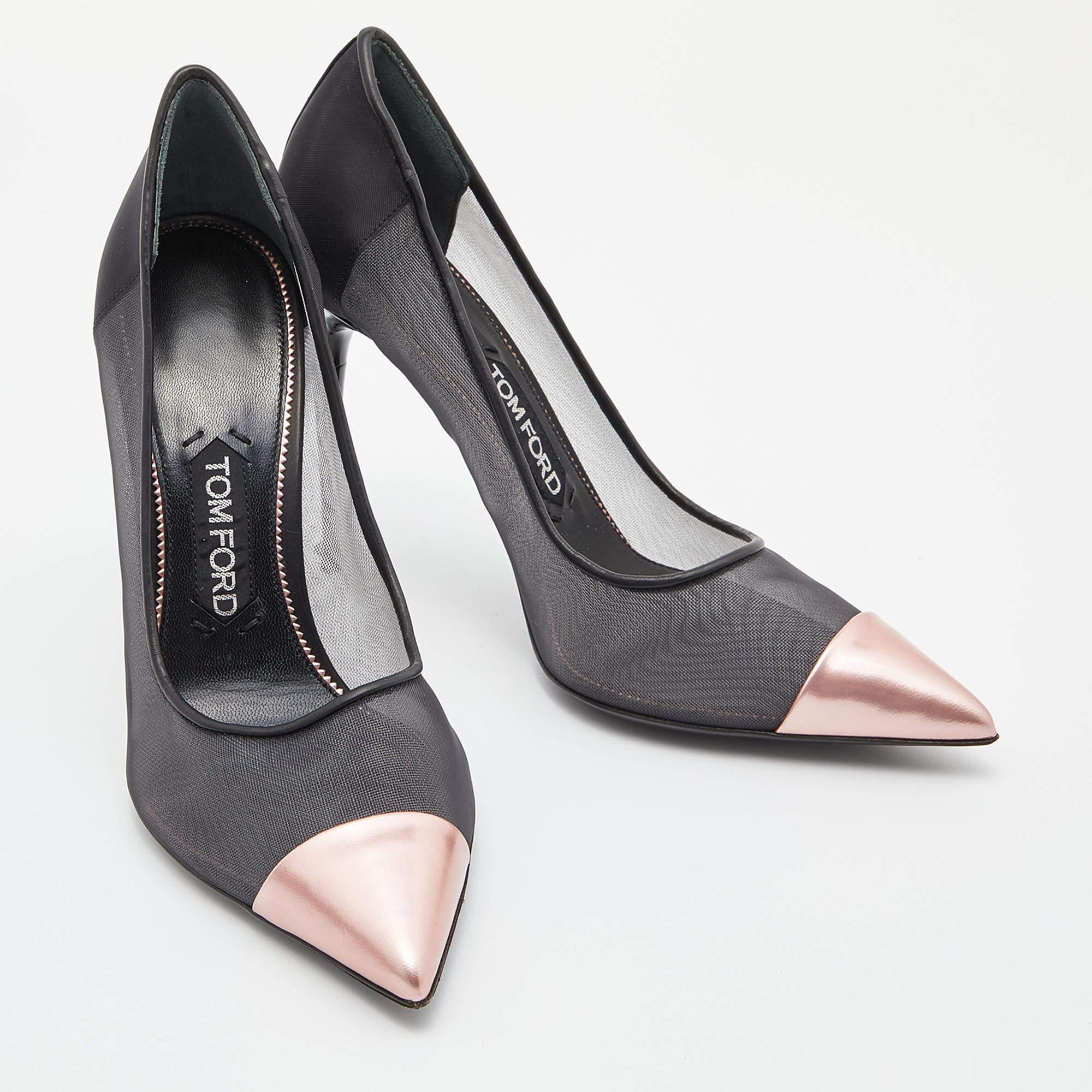 Women's Tom Ford Black/Metallic Rose Pink Mesh and Leather Cap Pointed Toe Pumps Size 38