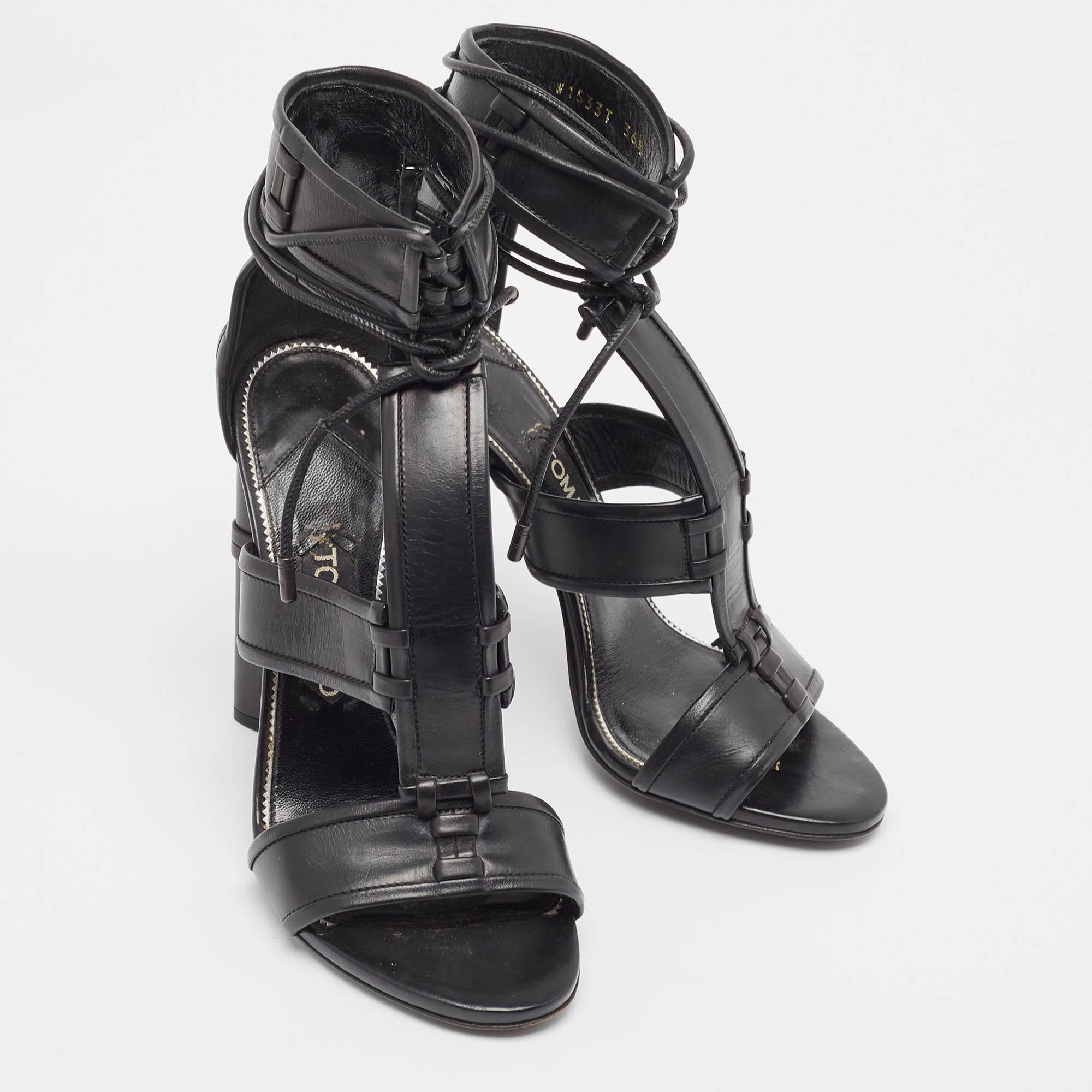 Women's Tom Ford Black Paneled Leather Patchwork Ankle Strap Sandals Size 36.5