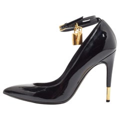 Used Tom Ford Black Patent Leather Padlock Ankle Wrap Pumps Size 39