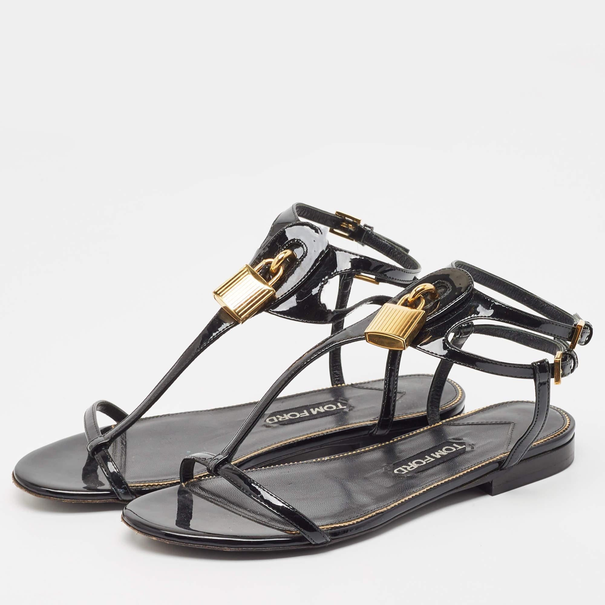 Women's Tom Ford Black Patent Leather T Strap Padlock Flat Sandals Size 37.5 For Sale
