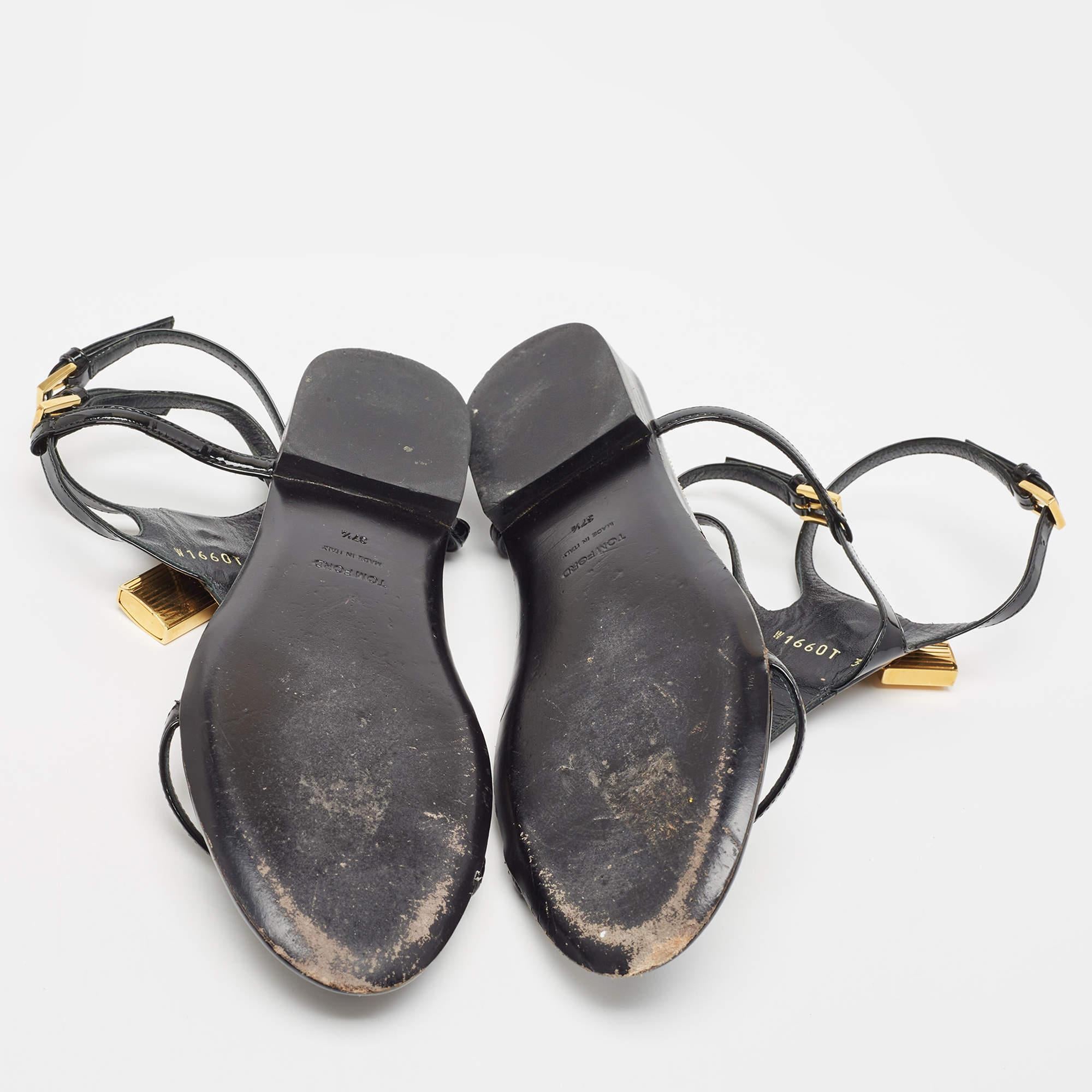 Tom Ford Black Patent Leather T Strap Padlock Flat Sandals Size 37.5 For Sale 1