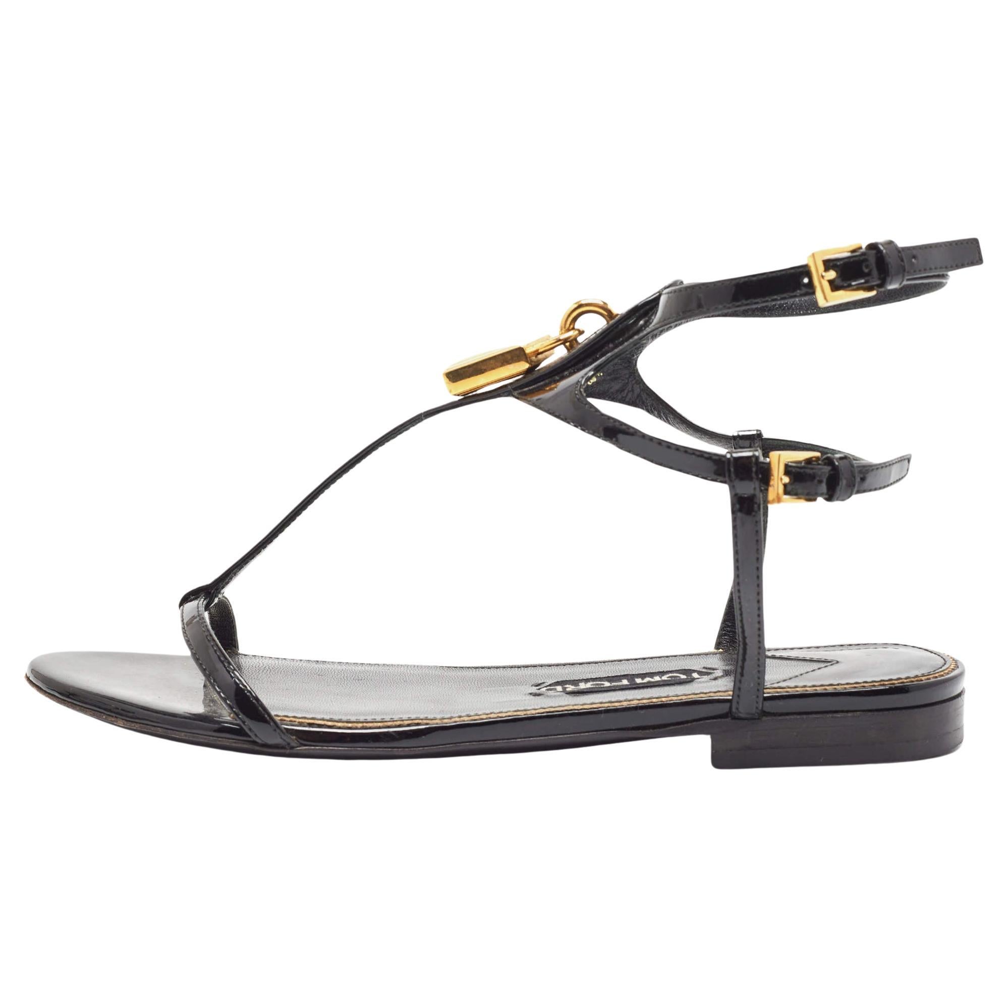 Tom Ford Black Patent Leather T Strap Padlock Flat Sandals Size 37.5 For Sale