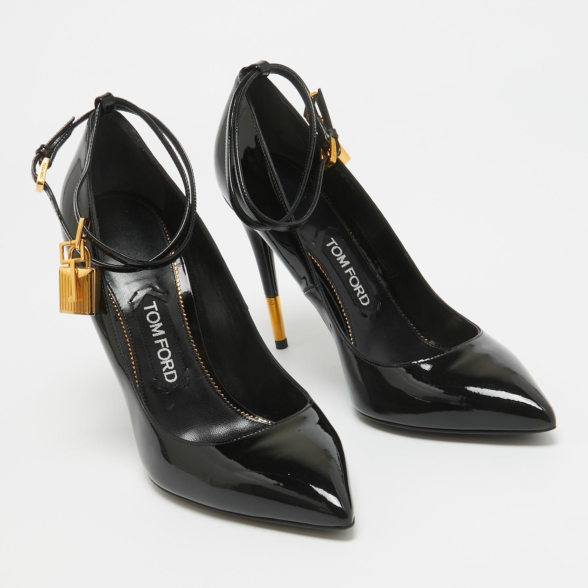 Women's Tom Ford Black Patent Padlock Ankle Strap Pumps Size 39.5