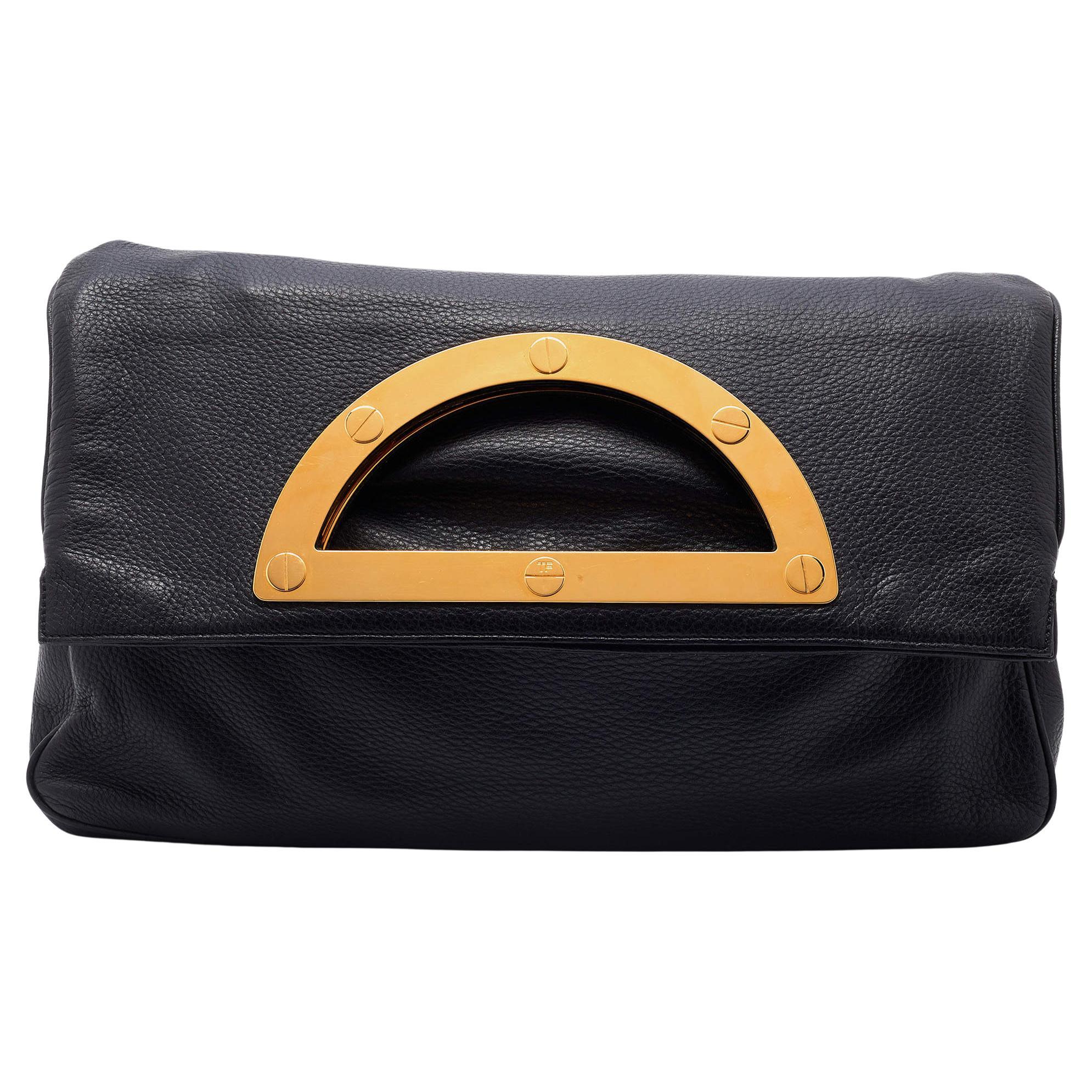 Tom Ford Black Pebbled Leather Fold Over Oversized Clutch