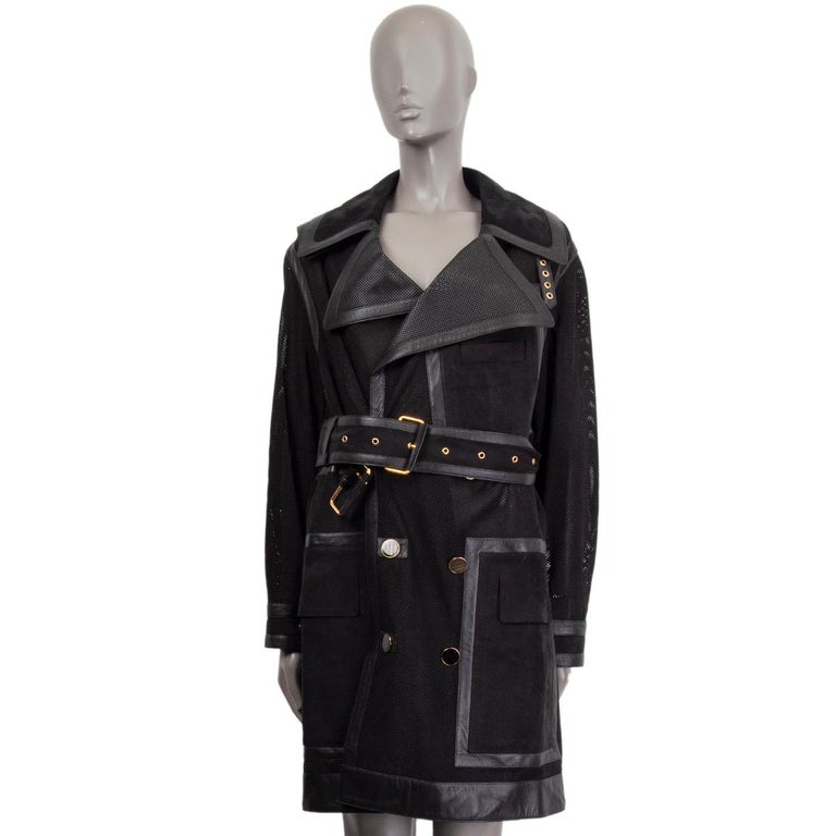 TOM FORD black PERFORATED LEATHER TRENCH Coat Jacket 36 XXS In Excellent Condition For Sale In Zürich, CH