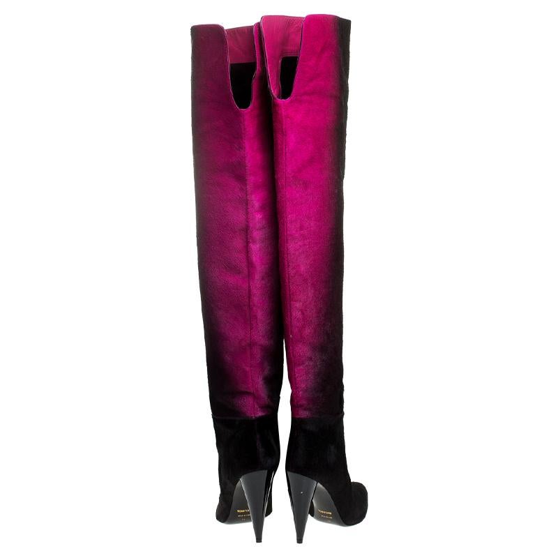 Tom Ford Black/Pink Calf Hair Ombre Over The Knee Boots Size 38 In Good Condition In Dubai, Al Qouz 2