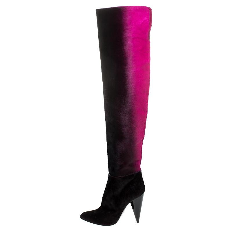 Tom Ford Black/Pink Calf Hair Ombre Over The Knee Boots Size 38 1