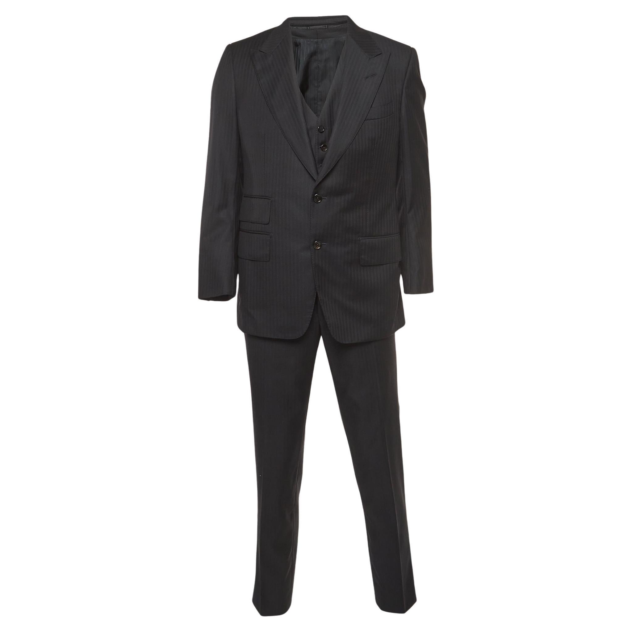 Tom Ford Black Pinstripe Wool Single Breasted 3 Piece Suit XL For Sale