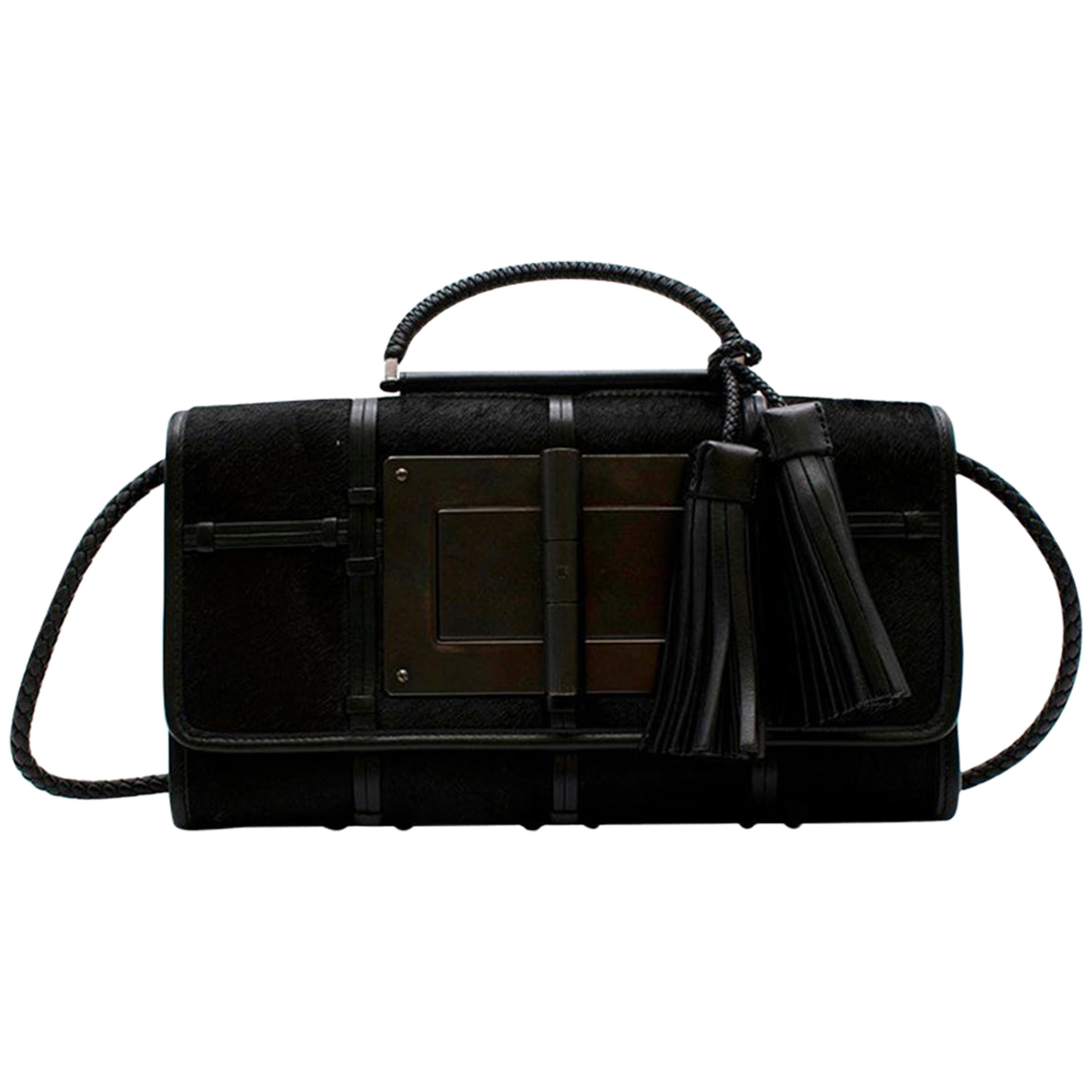 Tom Ford Black Pony Hair & Leather Caged Shoulder Bag With Tassels  For Sale