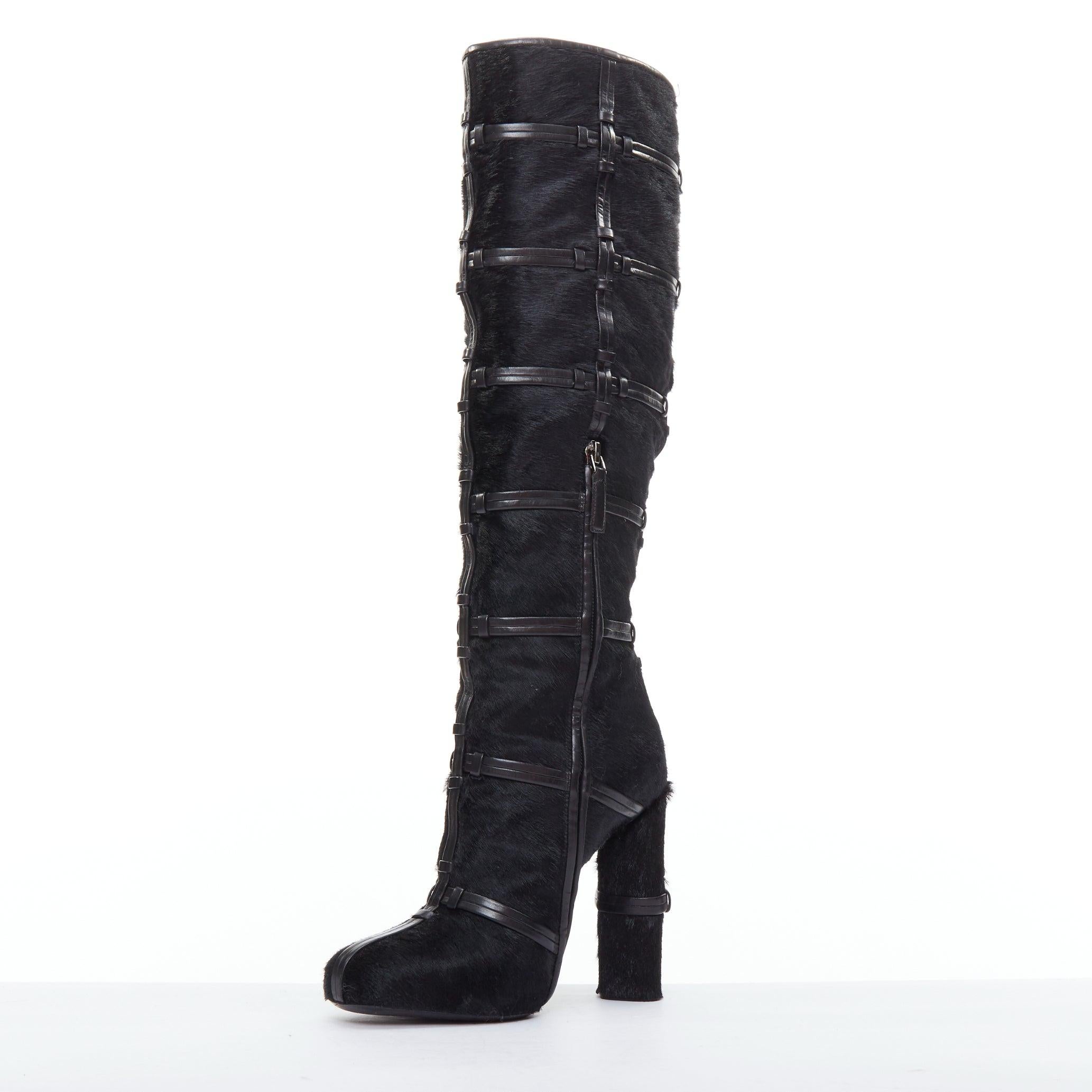 TOM FORD black ponyhair leather cage trim block heeled boots EU36 In Excellent Condition For Sale In Hong Kong, NT
