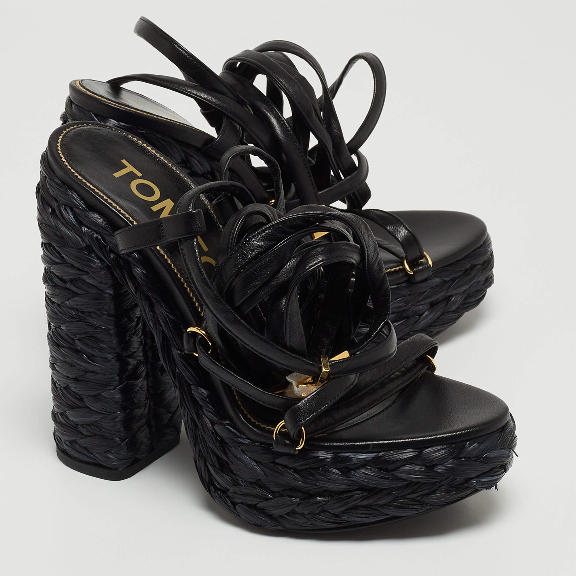 Tom Ford Black Raffia and Leather Ankle Strap Sandals Size 38 6