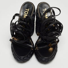 Tom Ford Black Raffia and Leather Ankle Strap Sandals Size 38