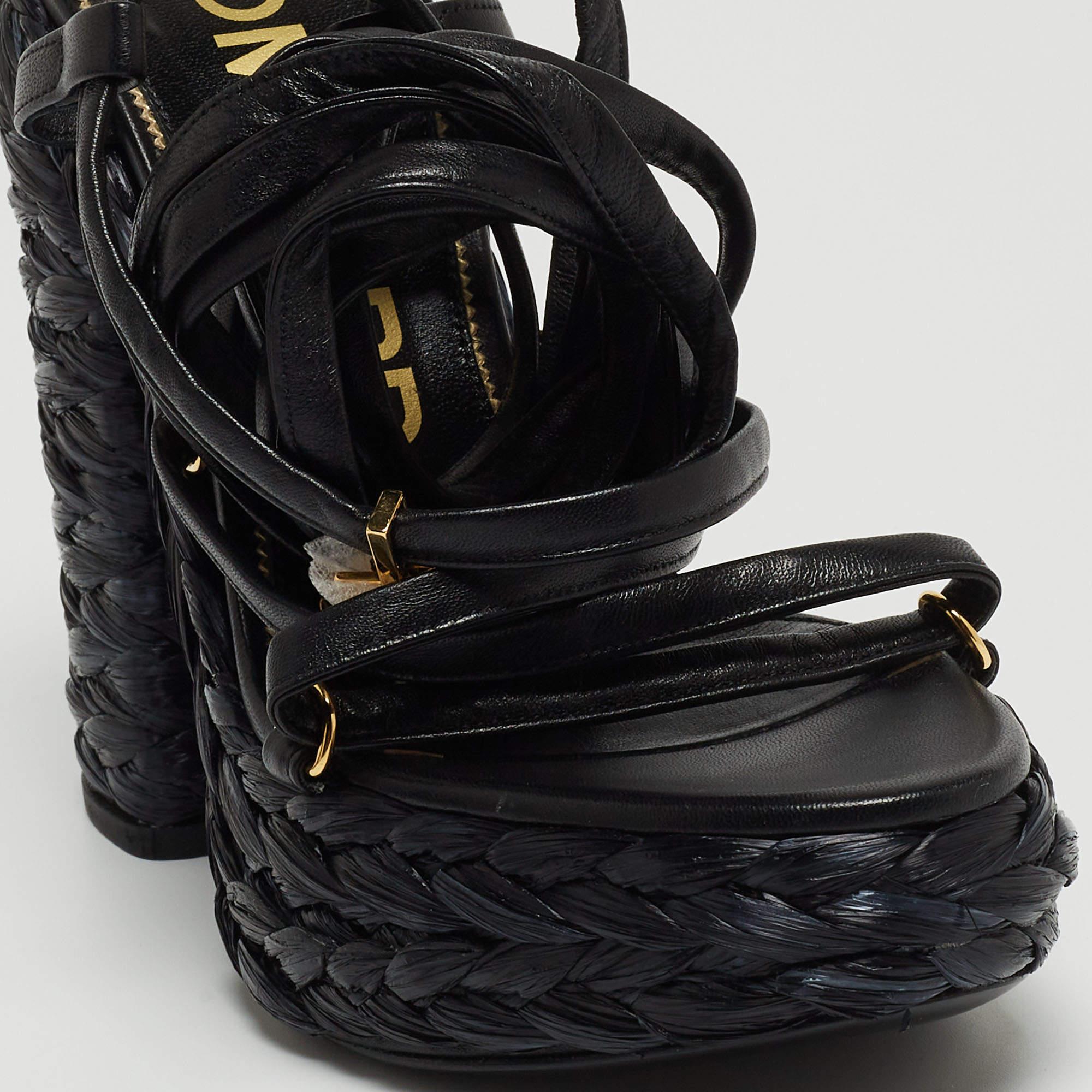 Women's Tom Ford Black Raffia and Leather Ankle Strap Sandals Size 38