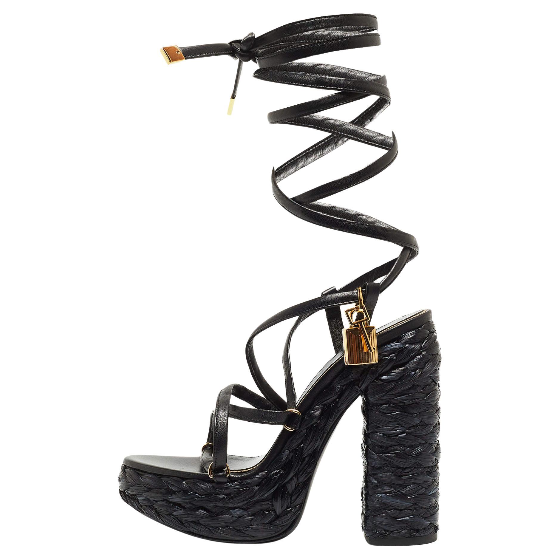 Tom Ford Black Raffia and Leather Ankle Strap Sandals Size 38 For Sale