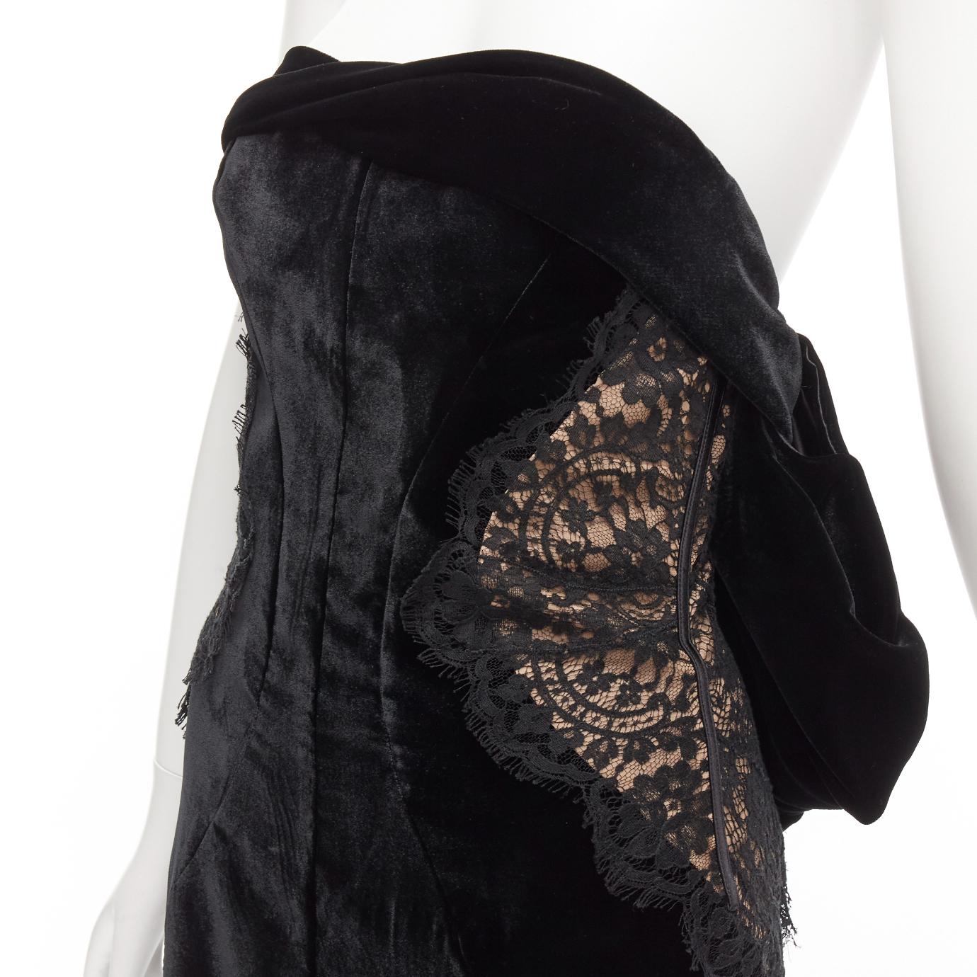 TOM FORD black satin velvet bow bustle illusion lace trim long column gown IT40 For Sale 3