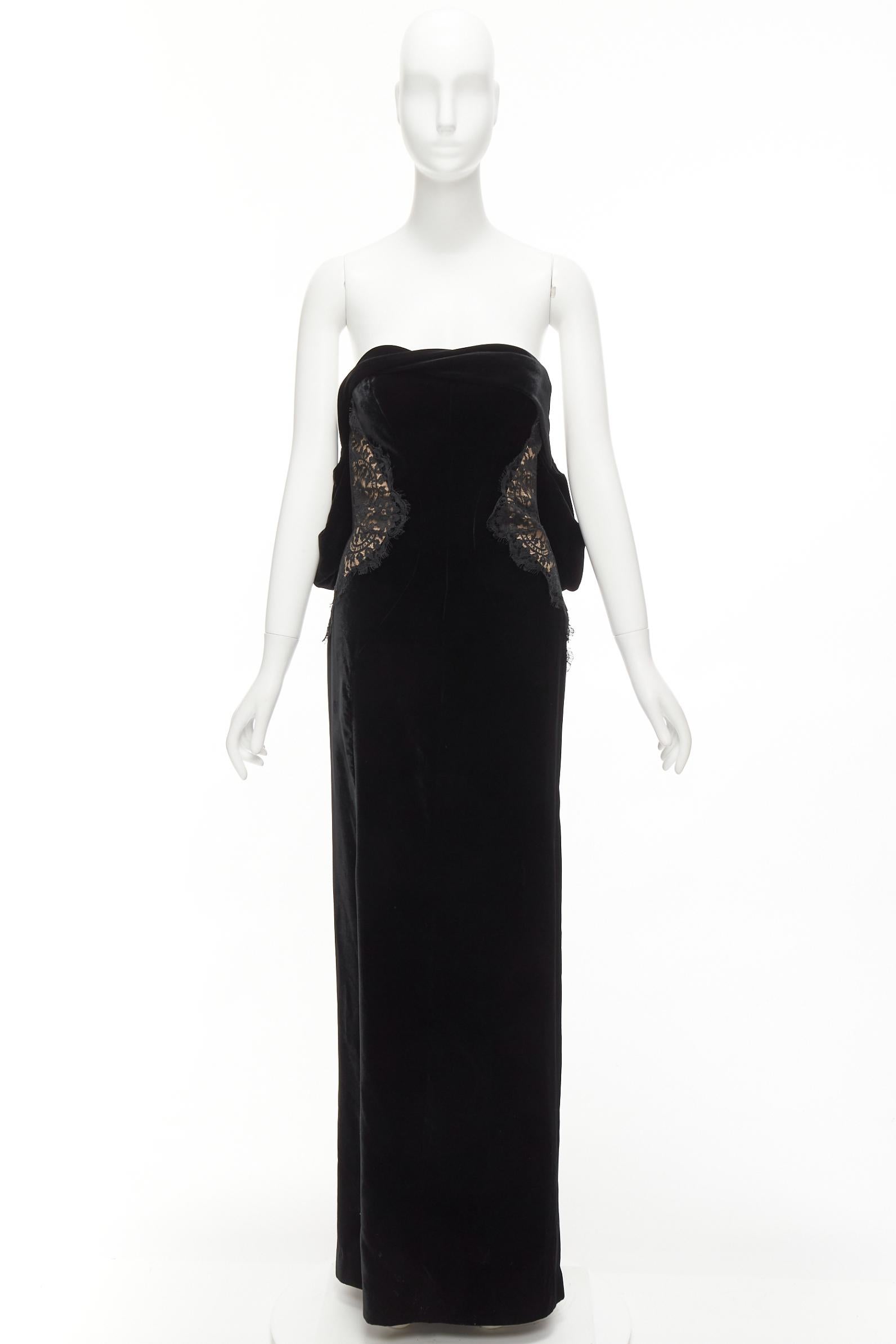 TOM FORD black satin velvet bow bustle illusion lace trim long column gown IT40 For Sale 5