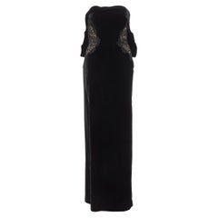 TOM FORD black satin velvet bow bustle illusion lace trim long column gown IT40