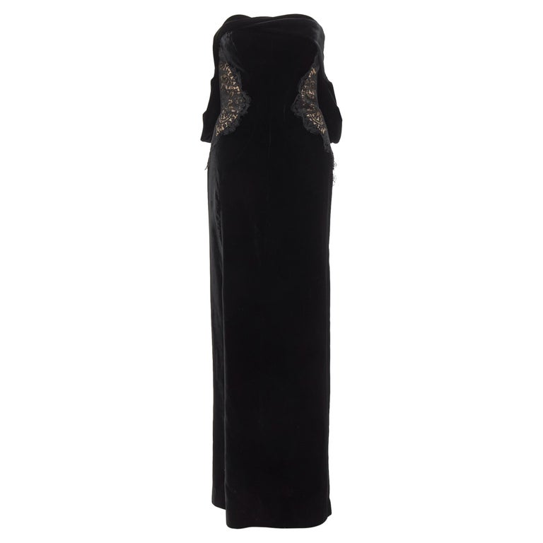 TOM FORD black satin velvet bow bustle illusion lace trim long column gown  IT40 at 1stDibs
