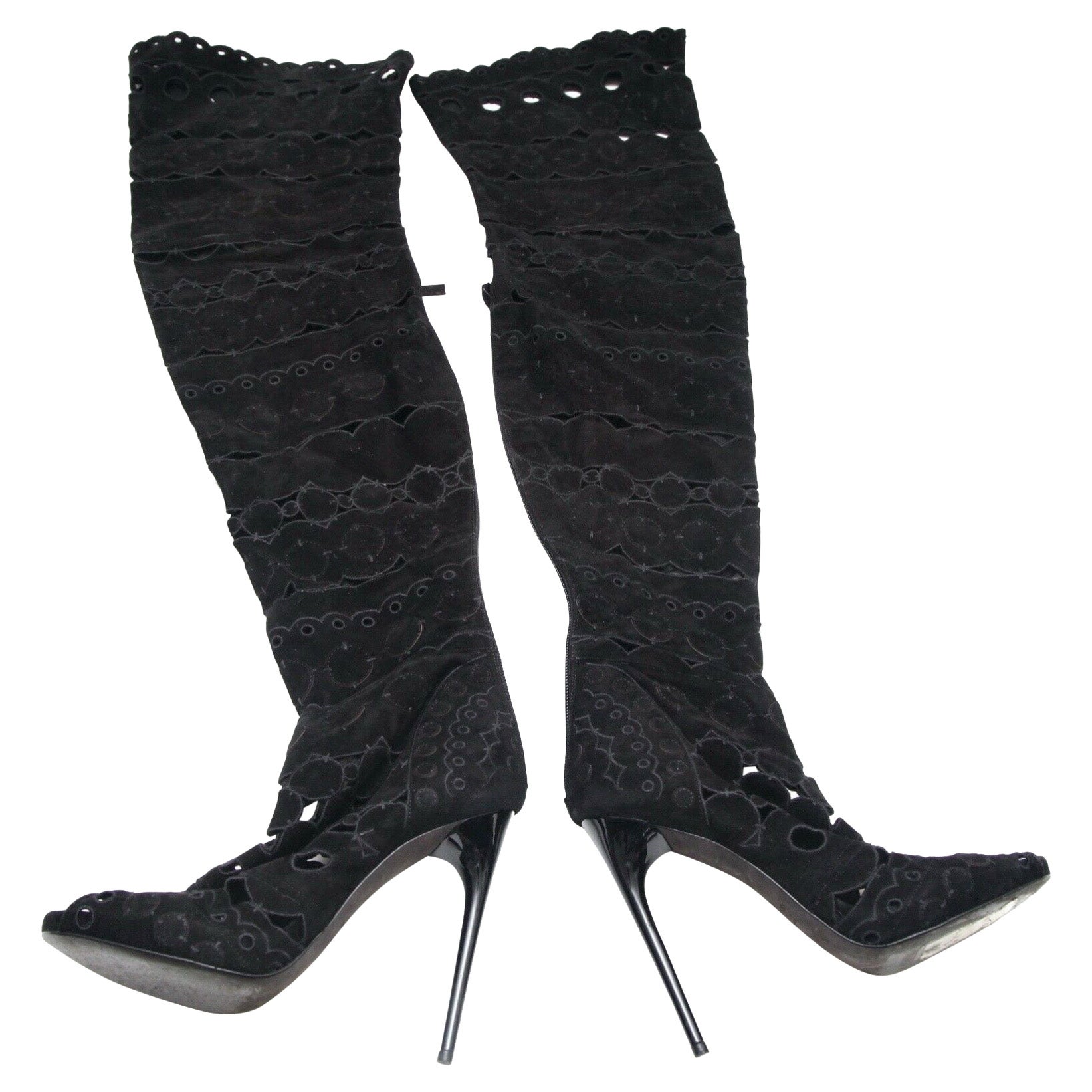 TOM FORD Black Suede Boots Over The Knee Leather Cut Out Peep Toe Sz 38 For Sale