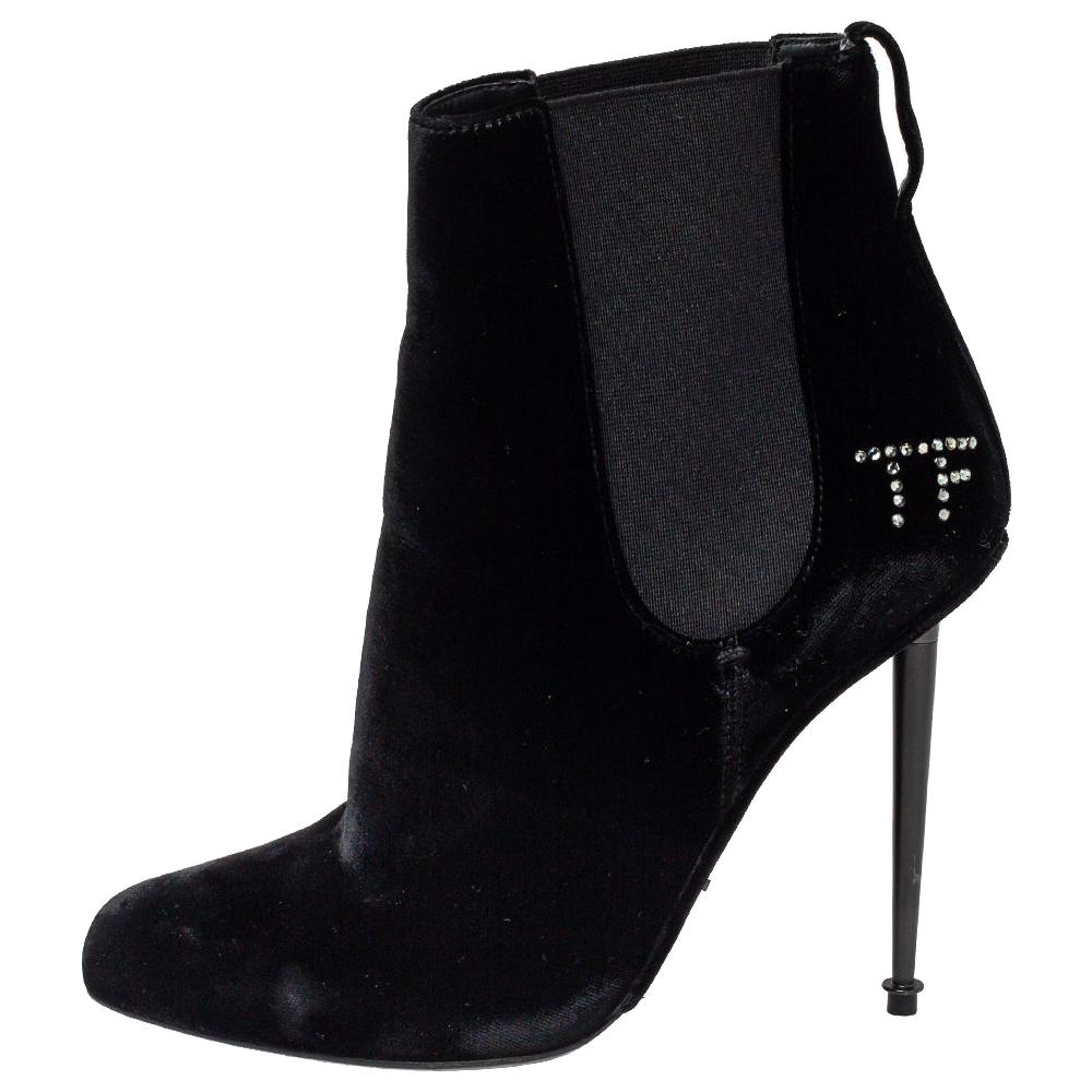 Tom Ford Black Suede Crystal Embellished Ankle Boots Size 38.5