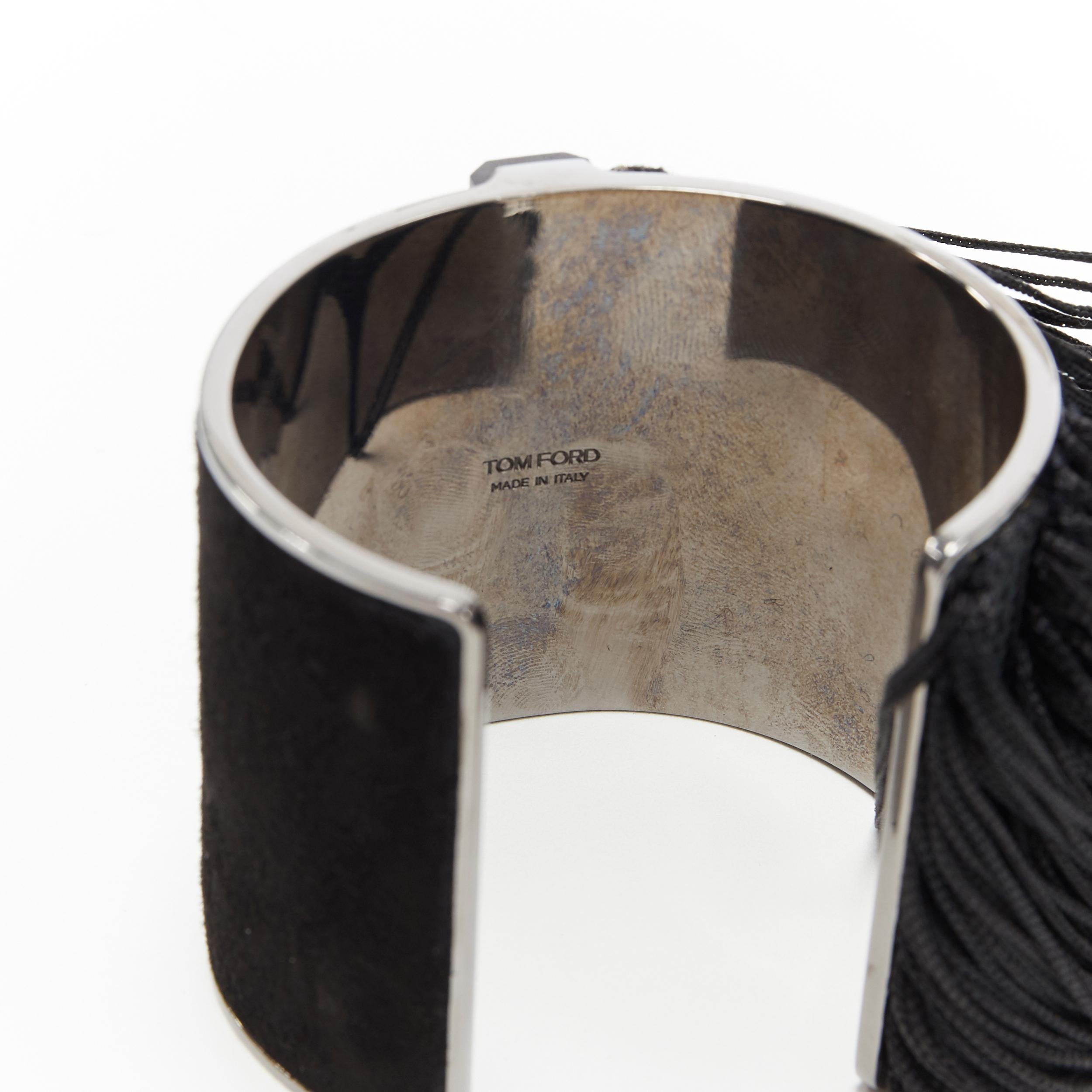 Women's TOM FORD black suede leather bead embellished long fringe bangle cuff bracelet