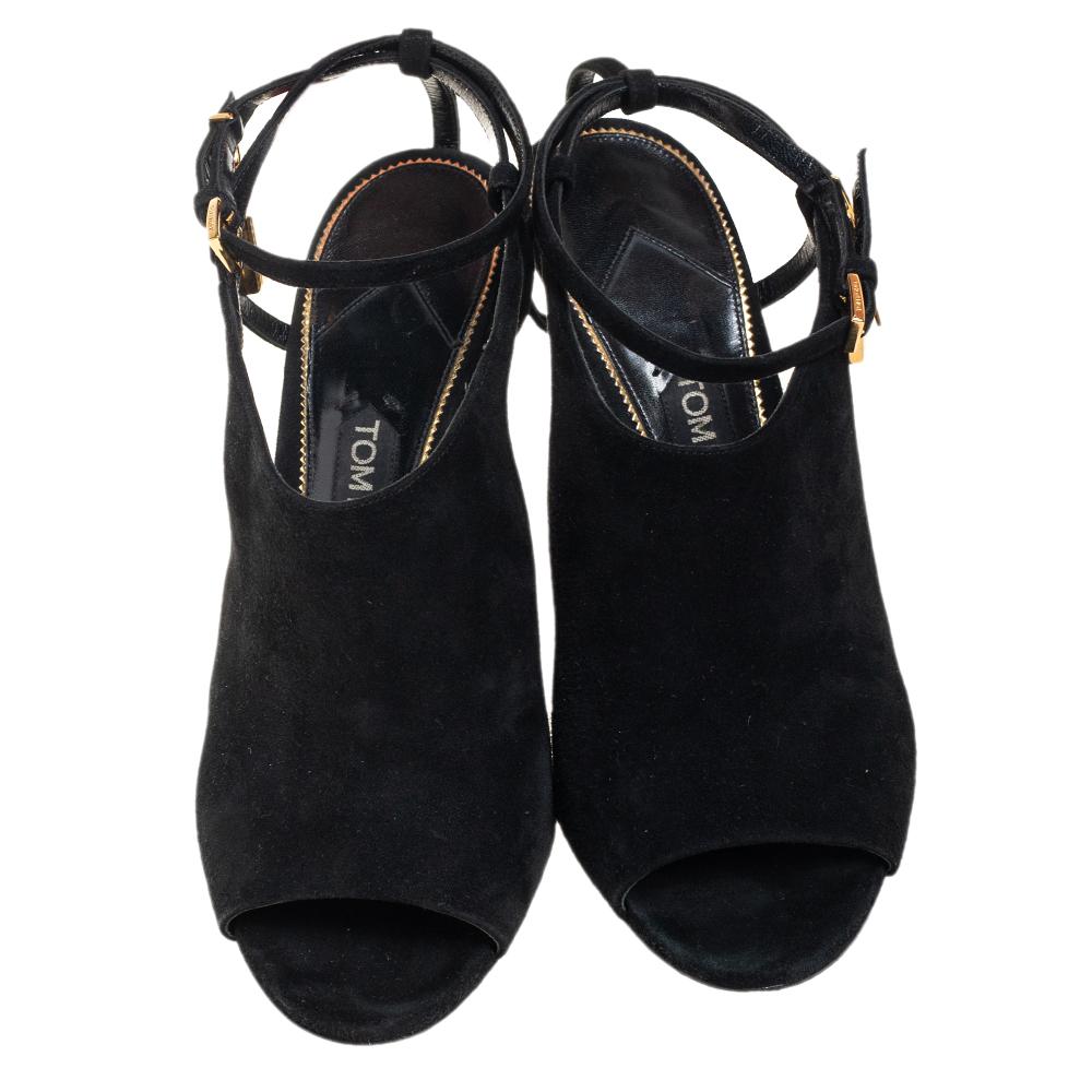 Tom Ford Black Suede Peep Toe Ankle Strap Sandals Size 40 In Good Condition In Dubai, Al Qouz 2