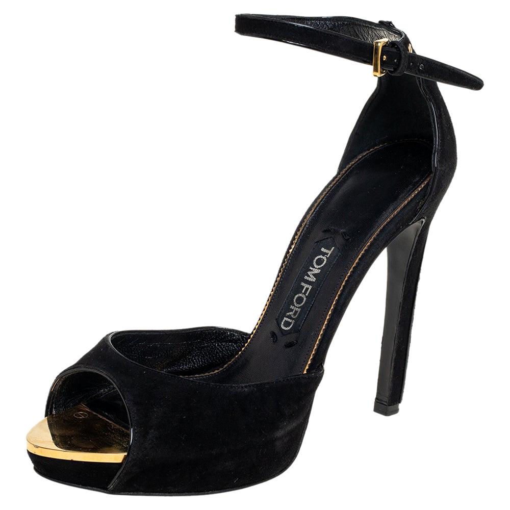 Tom Ford Black Suede Screw Studded Ankle Strap Sandals Size 39 For Sale