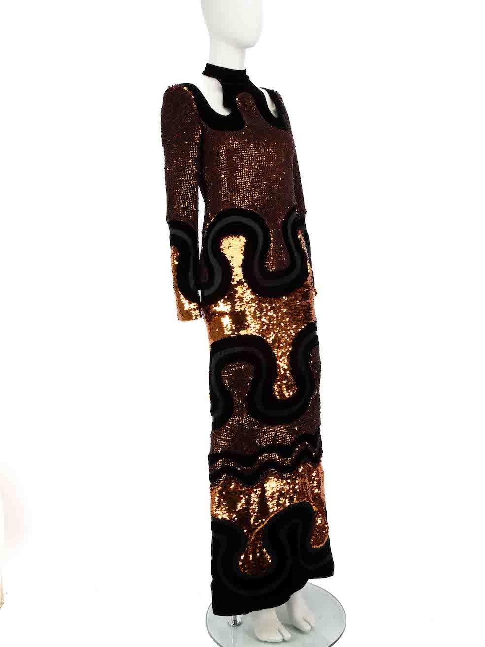 CONDITION is Very good. Hardly any visible wear to dress is evident on this used Tom Ford designer resale item.
 
 
 
 Details
 
 
 Black
 
 Velvet
 
 Gown
 
 Maxi
 
 Brown sequinned pattern
 
 Round neck
 
 Cut out shoulders
 
 Long sleeves
 
 Back