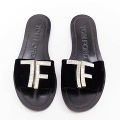 TOM FORD black velvet silver big crystal TF embellished flat sandals EU38