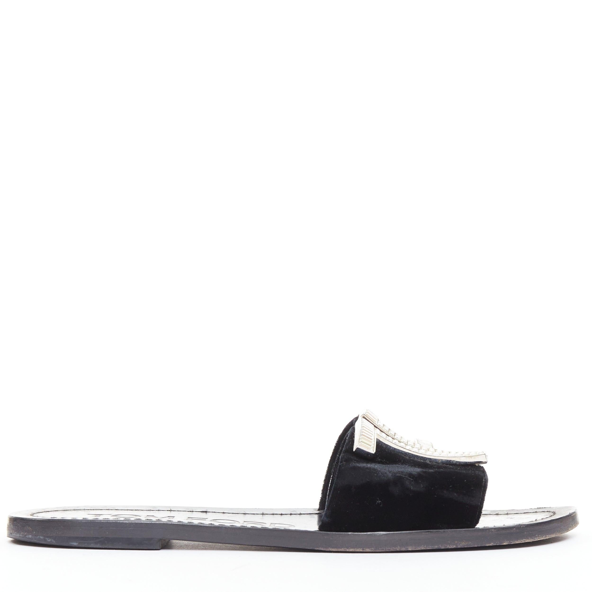 Black TOM FORD black velvet silver big crystal TF embellished flat sandals EU38 For Sale