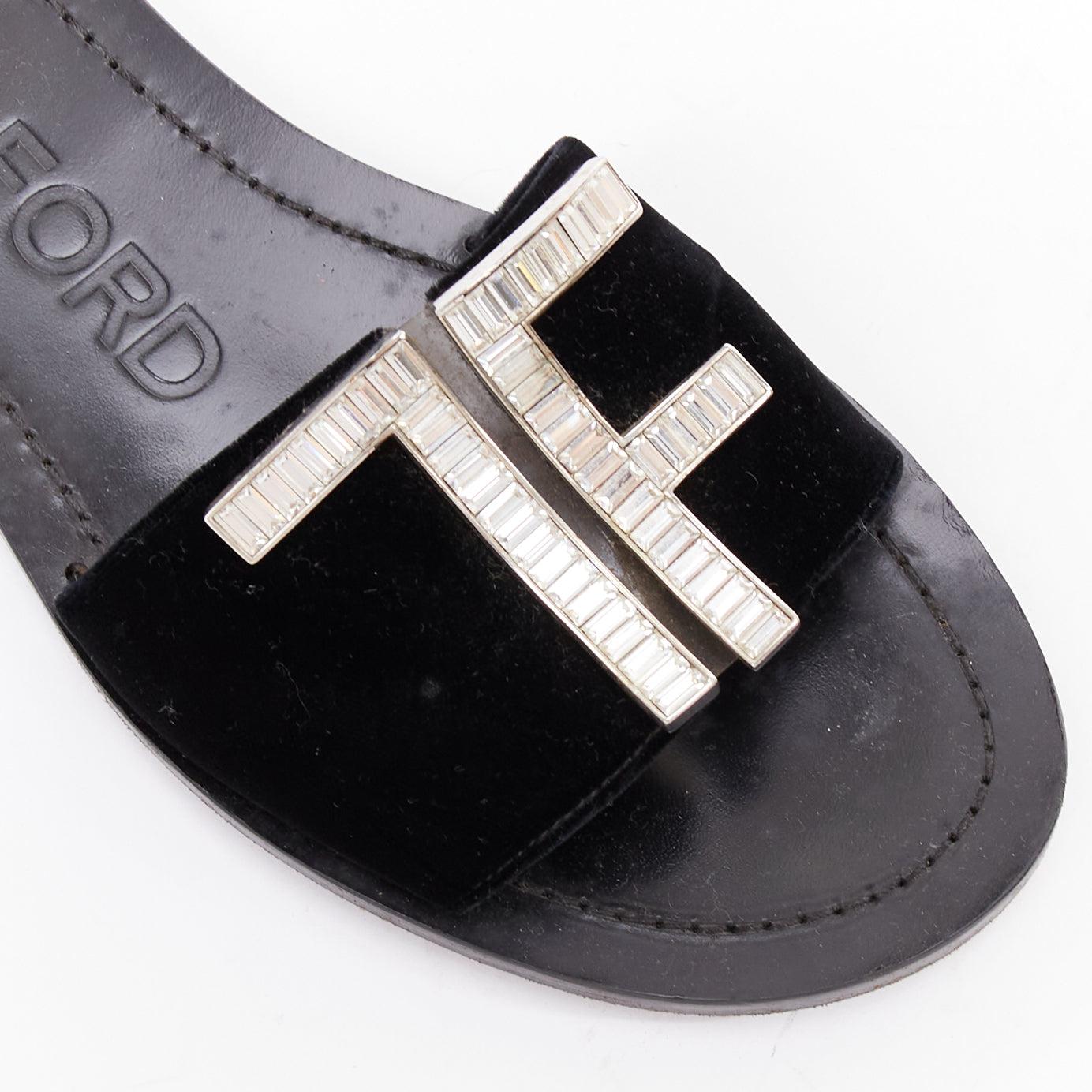 TOM FORD black velvet silver big crystal TF embellished flat sandals EU38 For Sale 2